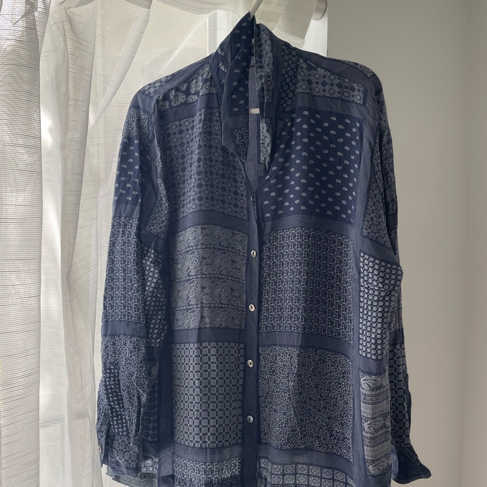 Navy Patterned Button-Up Shirt